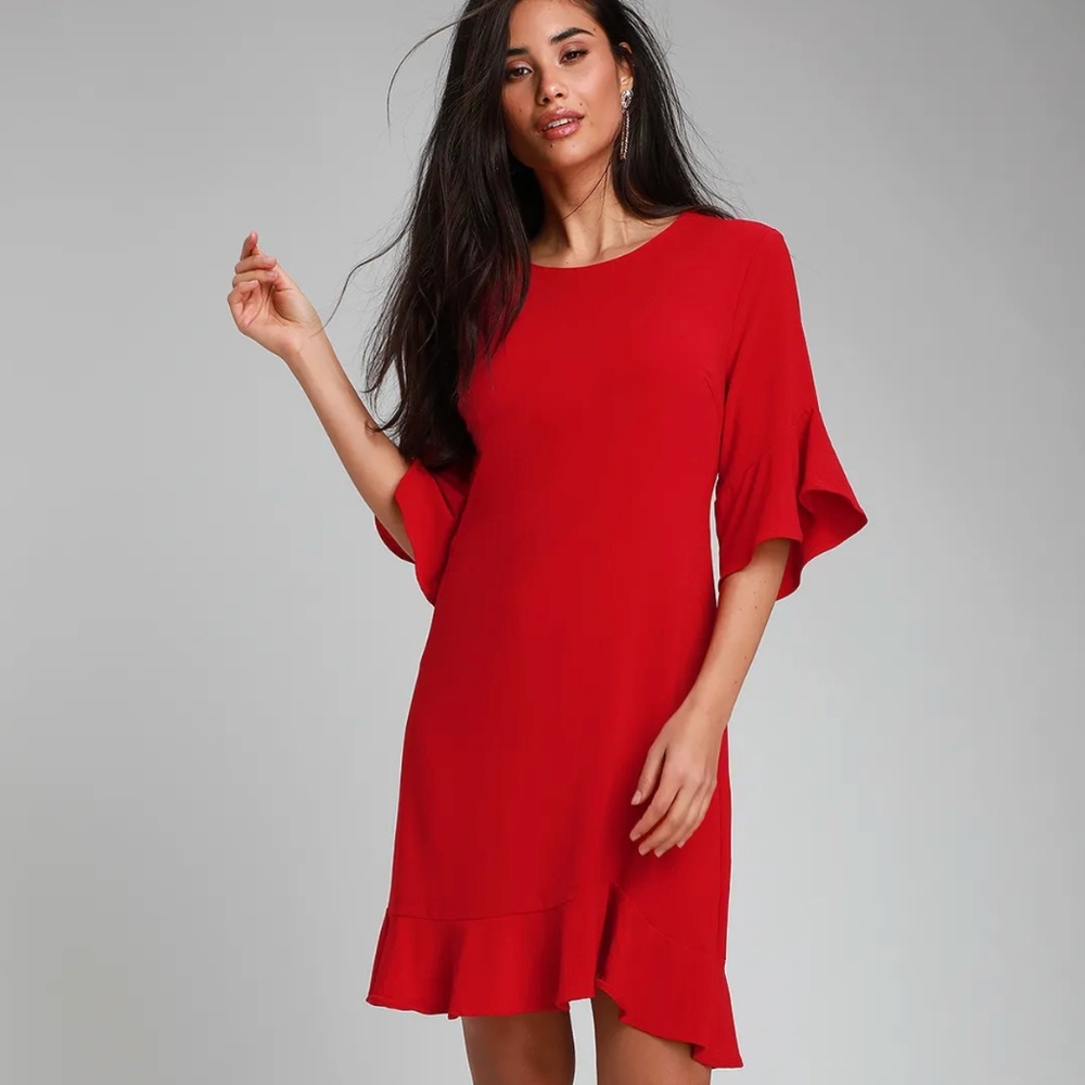 Charm in Arm Red Flounce Sleeve Shift Dress